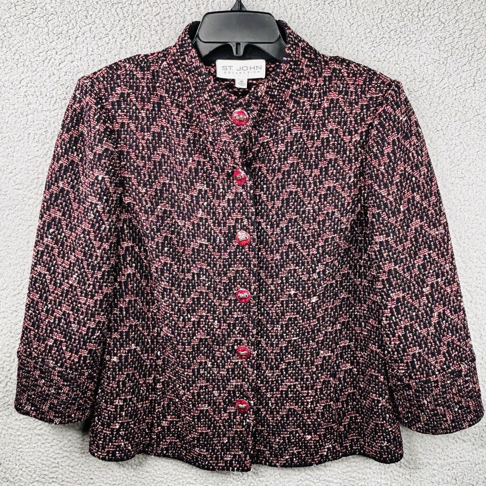 Vtg St John Collection Womens 10 Tweed Blazer Wool Black Mauve 3/4 Sleeve Usa